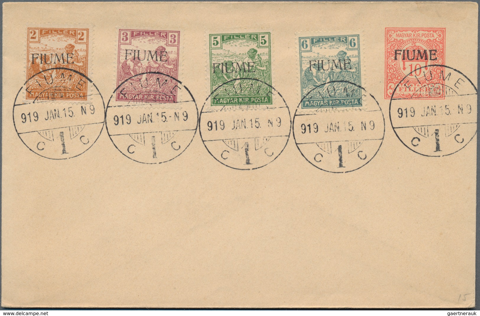 Fiume: 1919, Stationery Envelope 10f. Red With Franked Adhesives 2f., 3f., 5f. And 6f. Alongside, C. - Fiume