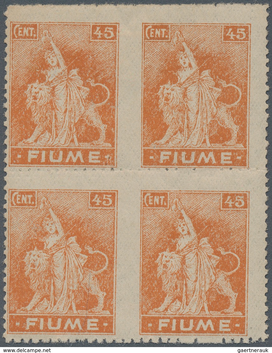 Fiume: 1919. Definitives ("Allegory"). 45 C Orange, Perf L 11 1/2. Fine Mint Block Of Four (bottom P - Fiume