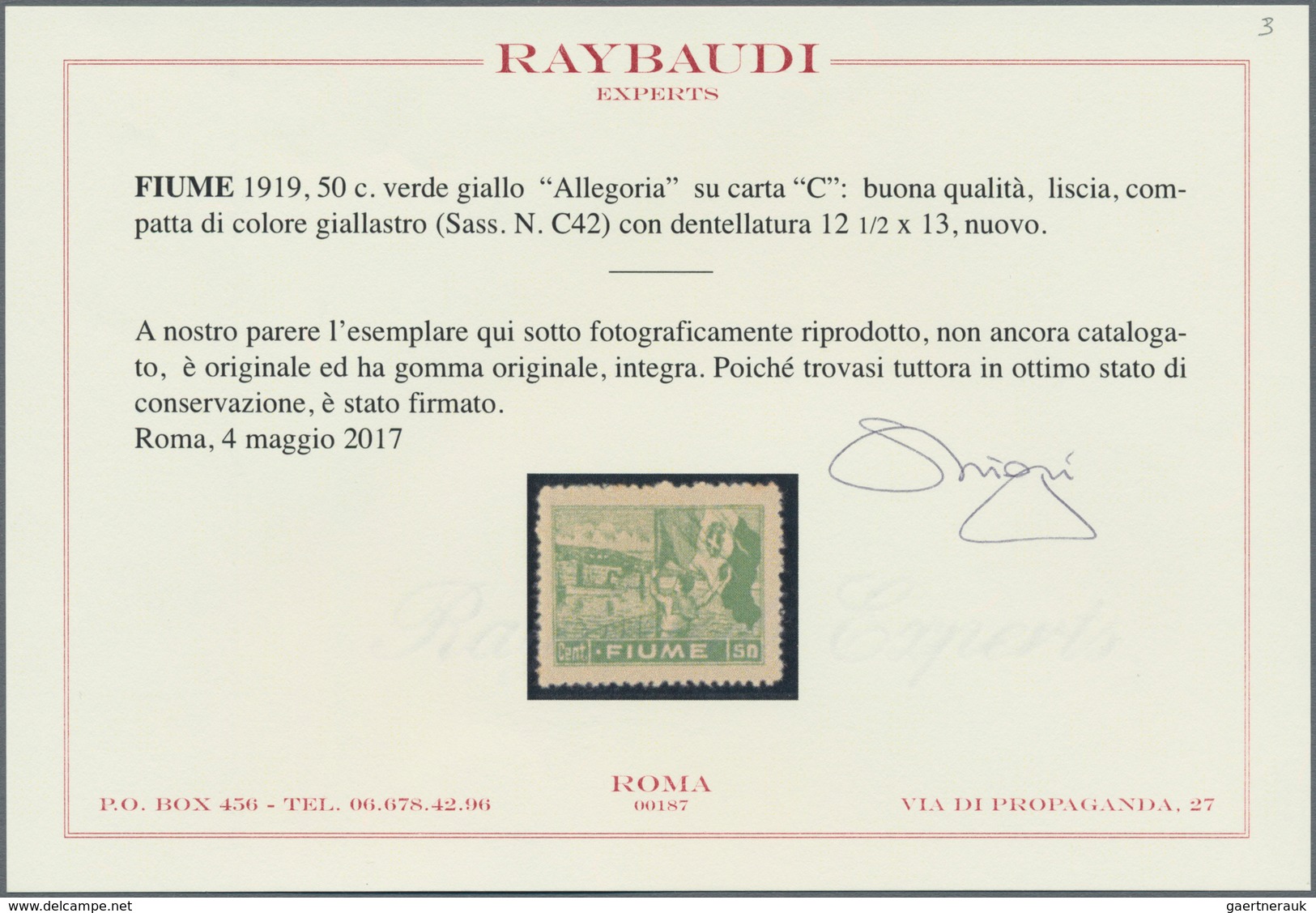 Fiume: 1919, Definitives, 50c. Green On "C" Paper In Perforation 12½:13, Mint Never Hinged. Signed A - Fiume