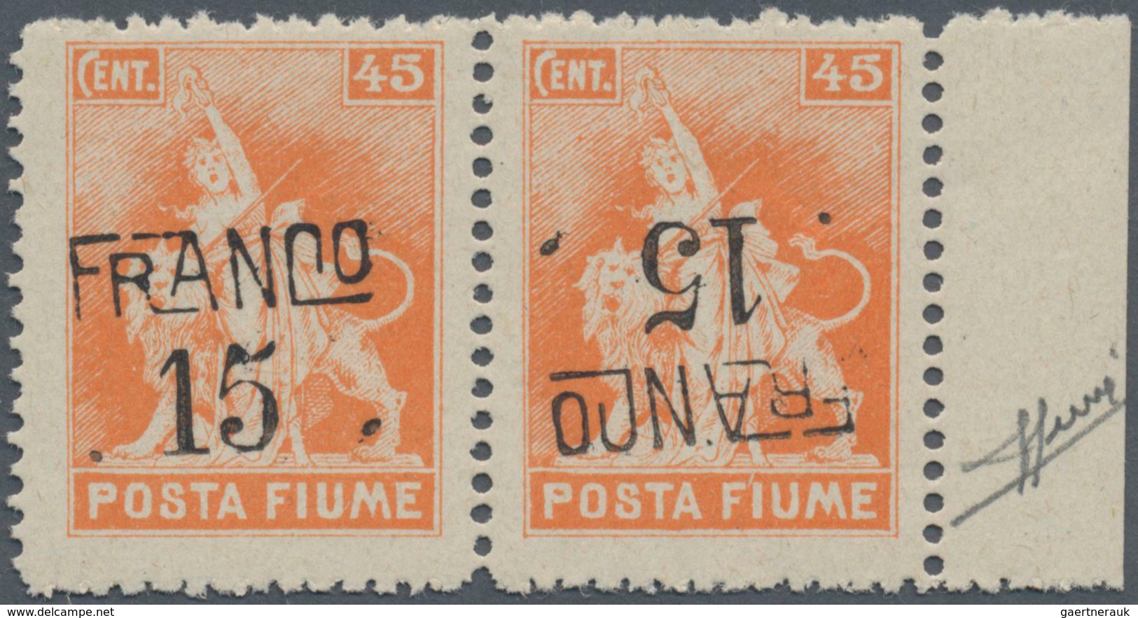 Fiume: 1919, "Franco 15" On 45 Cent. Orange Tete-beche Pair, Mint Never Hinged (Sass. 825.-) ÷ 1919, - Fiume