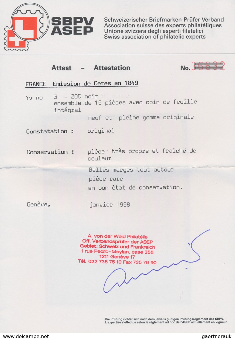 Frankreich: 1849, Ceres 20c. Black, Marginal BLOCK OF 16 From The UPPER RIGHT CORNER OF THE SHEET, F - Other & Unclassified
