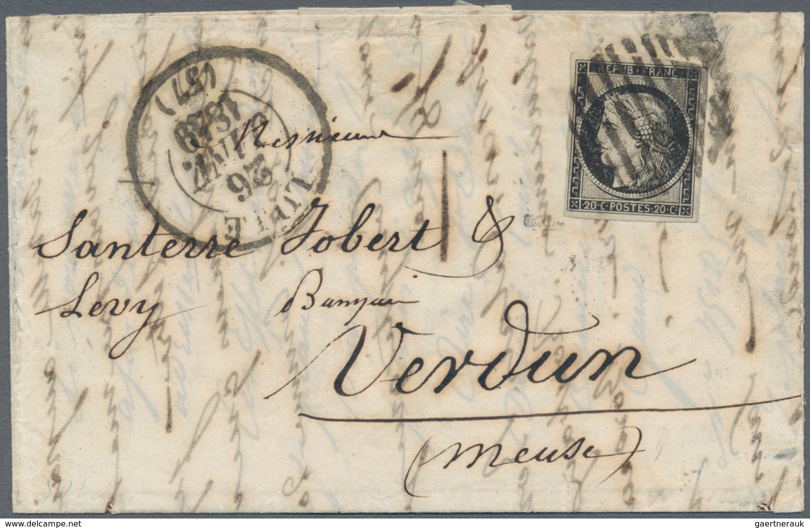 Frankreich: 1849, 20 C Black, Large Margins, Tied By The "BARS OF LILLE" Grid Cancel, Along With Lar - Otros & Sin Clasificación