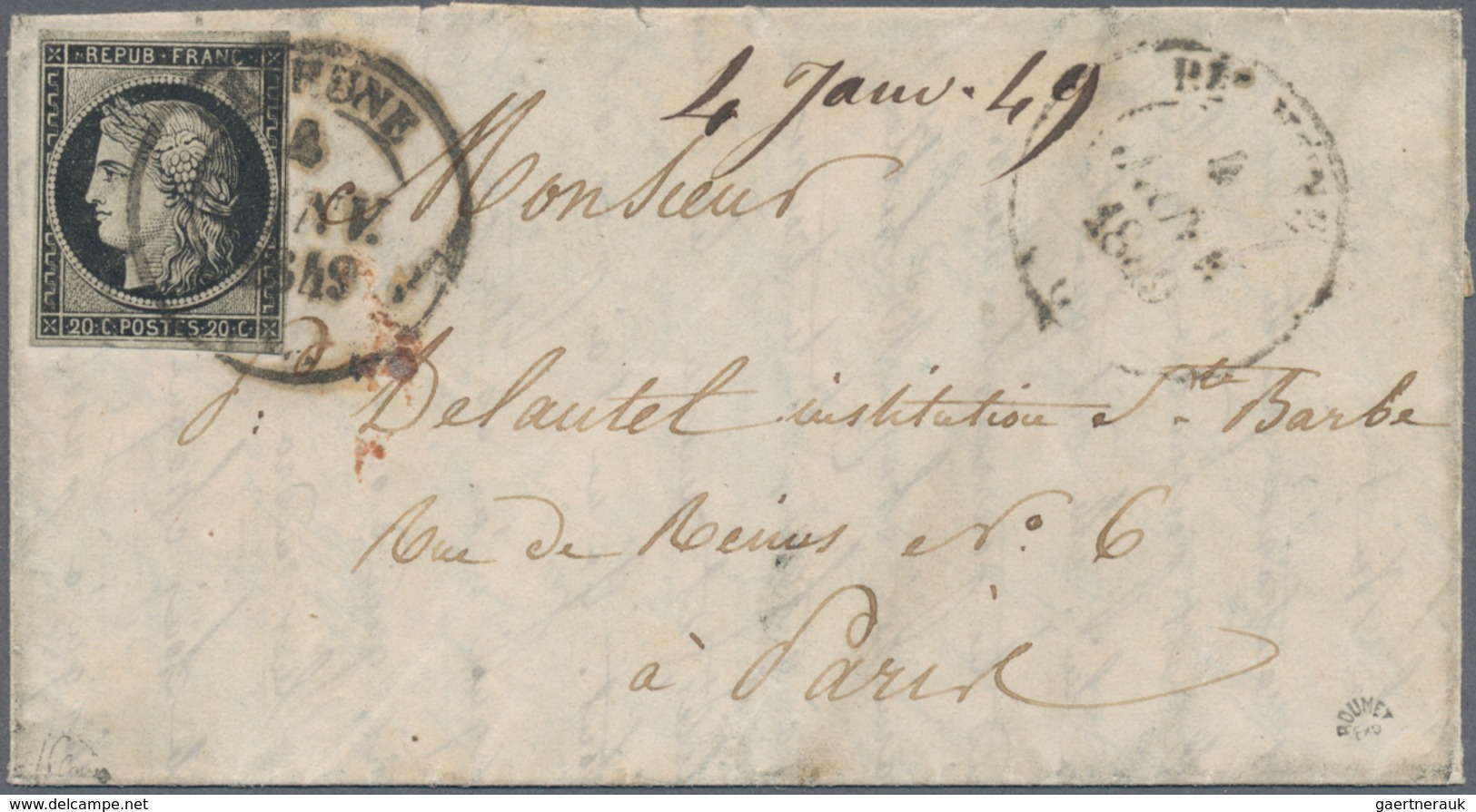 Frankreich: 1849, Ceres 20c. Black, Fresh Colour And Close To Full Margins, Single Franking On Lette - Andere & Zonder Classificatie