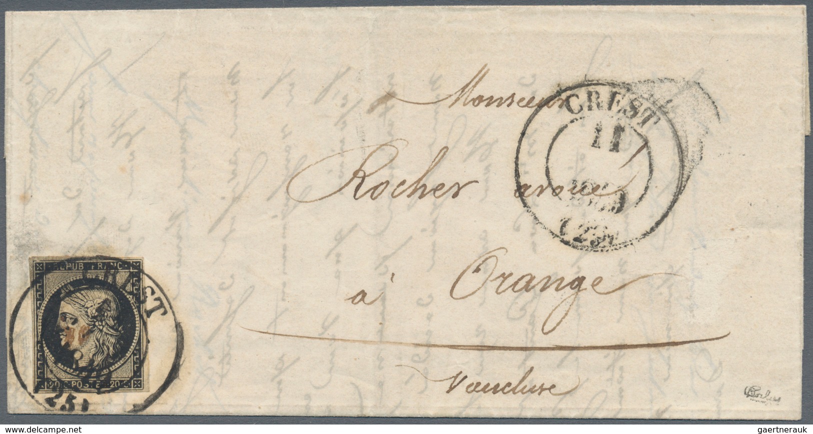Frankreich: 1849, 20 C Black On Yellowish, Ample Margins, Tied By Large Double Circle CREST, 11 JANV - Other & Unclassified