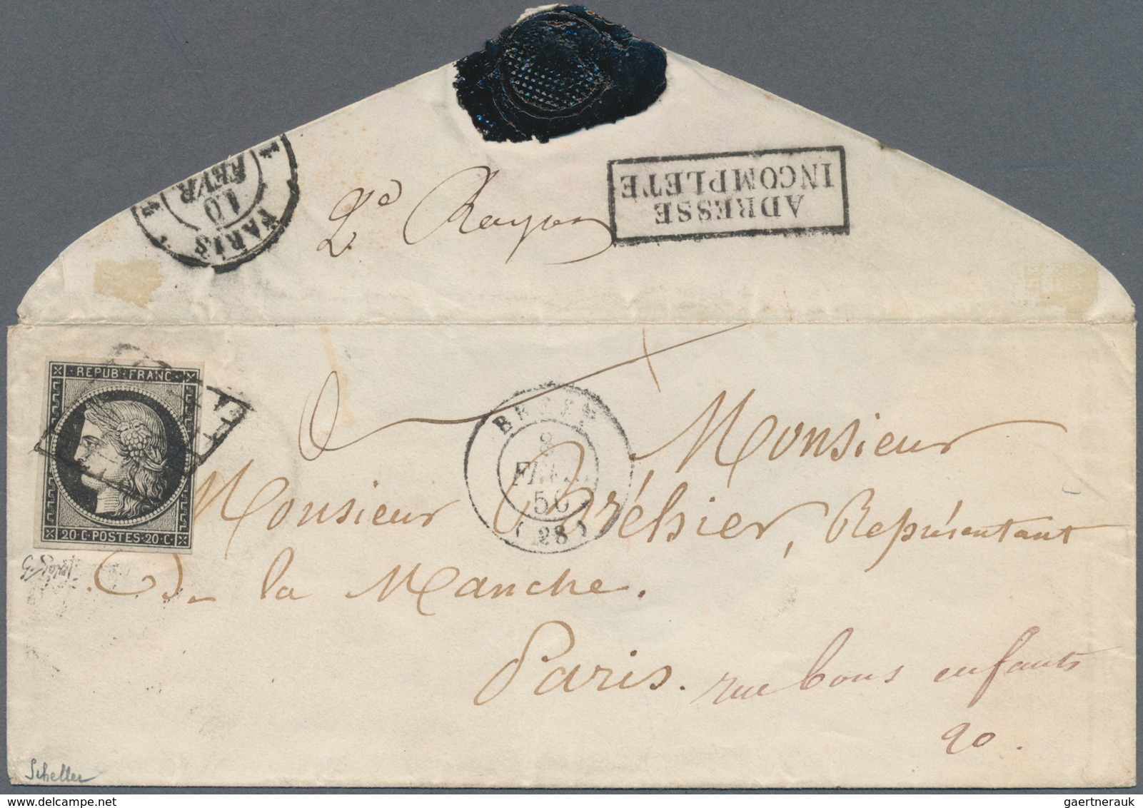 Frankreich: 1849 20c Black On White, Very Fine With Wide To Full Margins All Around On Cover From „B - Andere & Zonder Classificatie