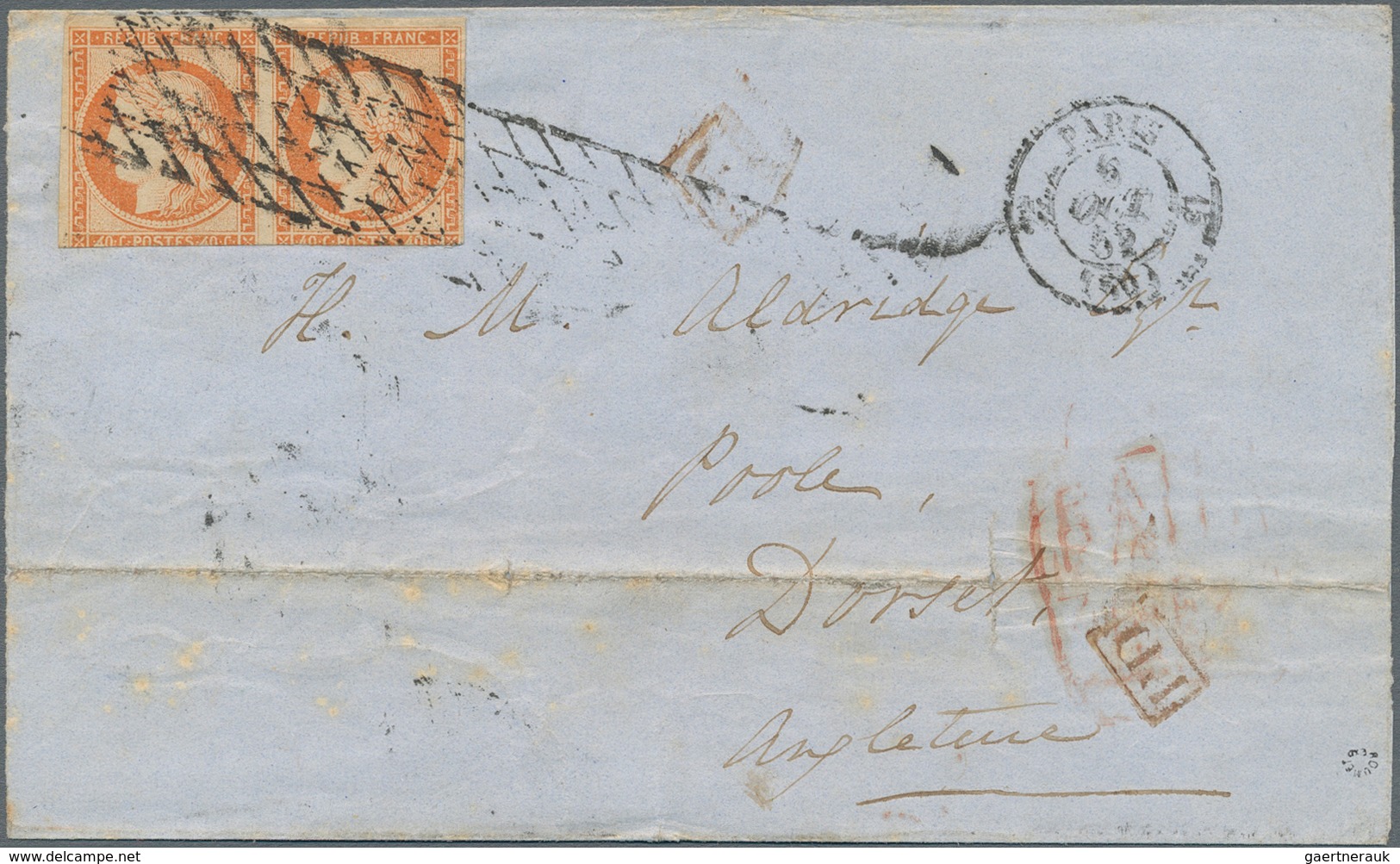 Frankreich: 1850 Ceres 40c. Orange With RETOUCHED "4" In Pair With Normal Used On Folded Cover From - Sonstige & Ohne Zuordnung