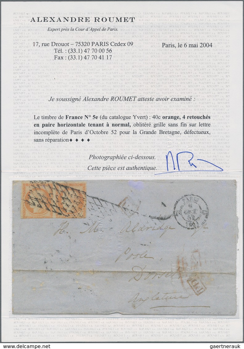 Frankreich: 1850 Ceres 40c. Orange With RETOUCHED "4" In Pair With Normal Used On Folded Cover From - Other & Unclassified