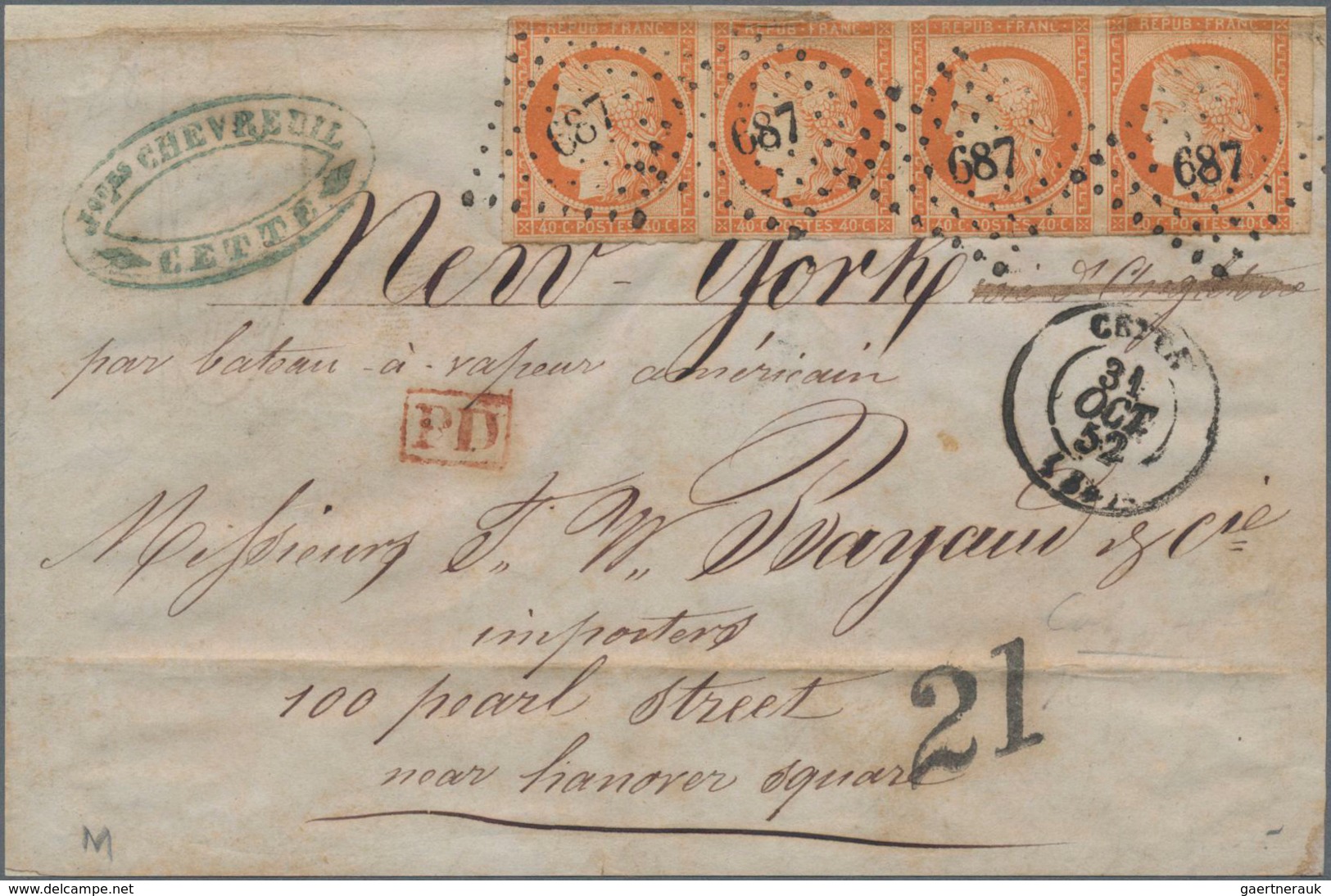 Frankreich: 1852, Ceres 40c. Orange, Horizontal Strip Of Four On Front Of Letter To New York, Neatly - Other & Unclassified