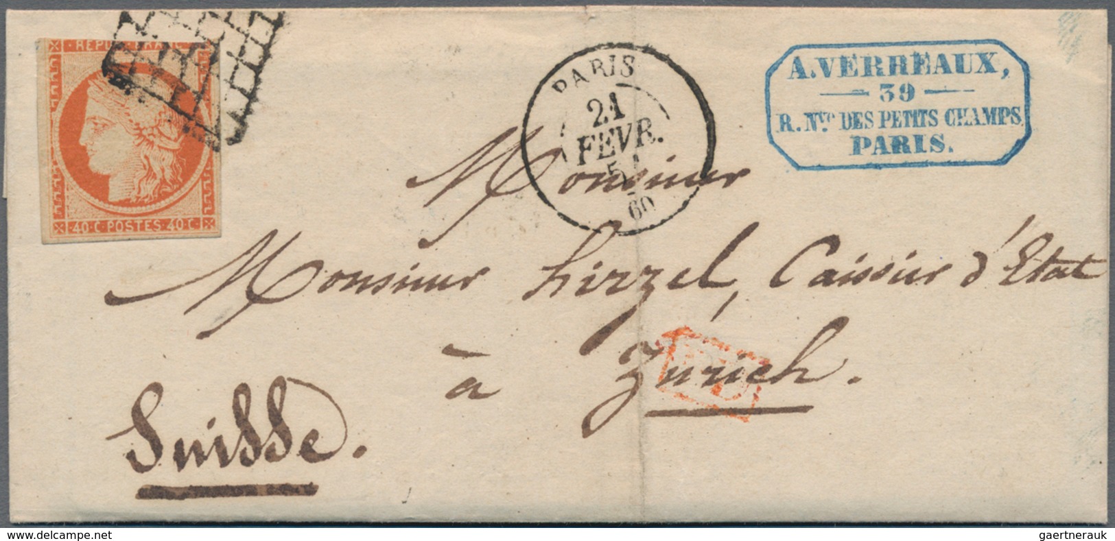 Frankreich: 1849-50 40c. Red-orange Used On Small Cover From Paris To Zurich, Switzerland Tied By Gr - Andere & Zonder Classificatie