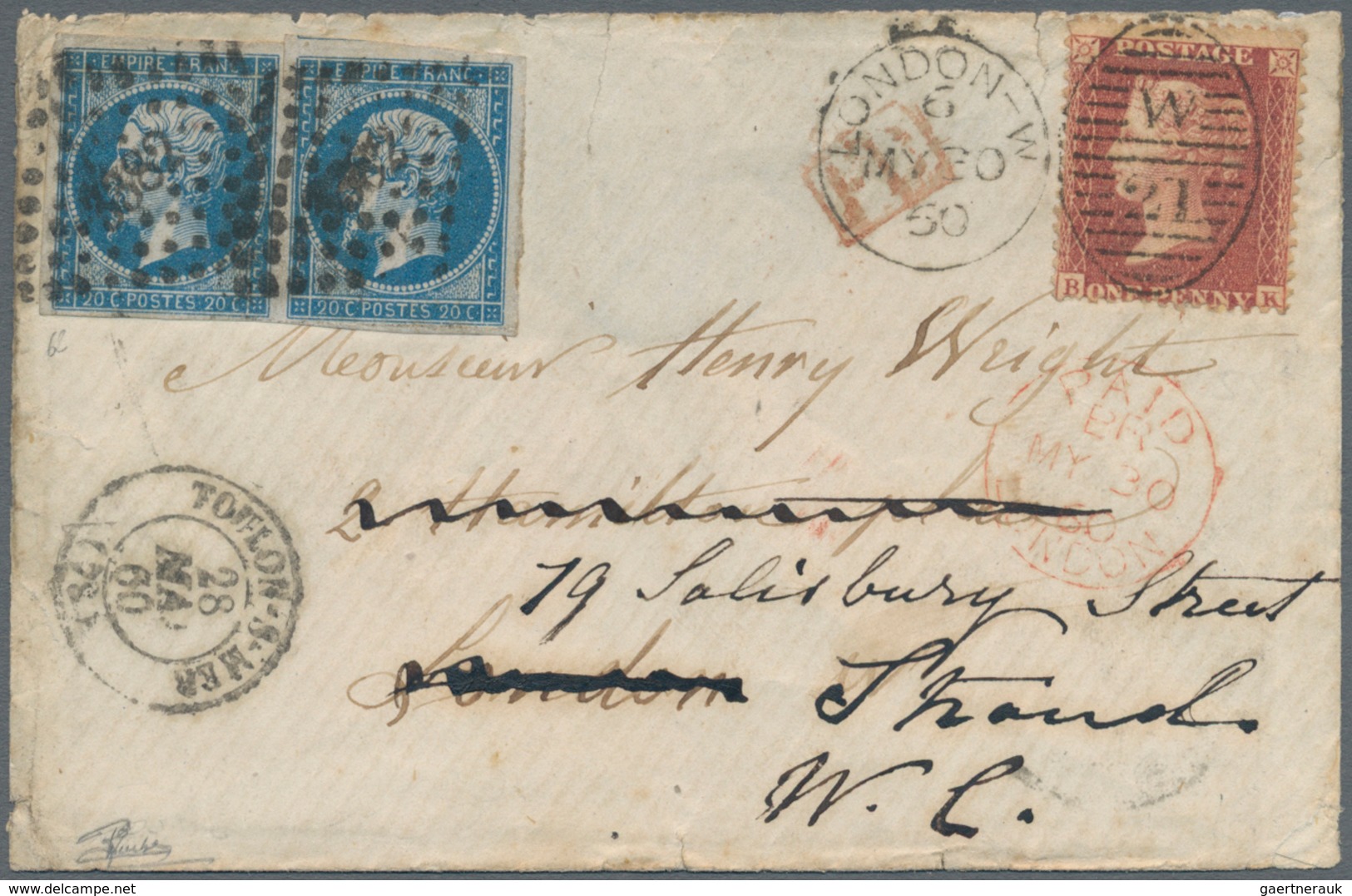 Frankreich: 1860, Small Cover From Toulon-sur-Mer To London, Re-addressed To Strand, Franked By Napo - Andere & Zonder Classificatie