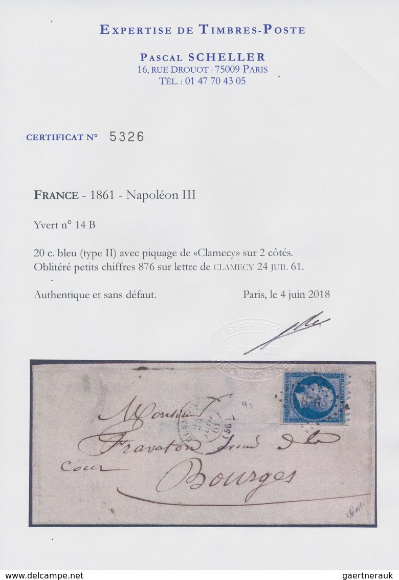 Frankreich: 1853, 20 C Blue On Bluish, Type I, Left And Top Margin With "Clamecy" Perforation, Tied - Andere & Zonder Classificatie