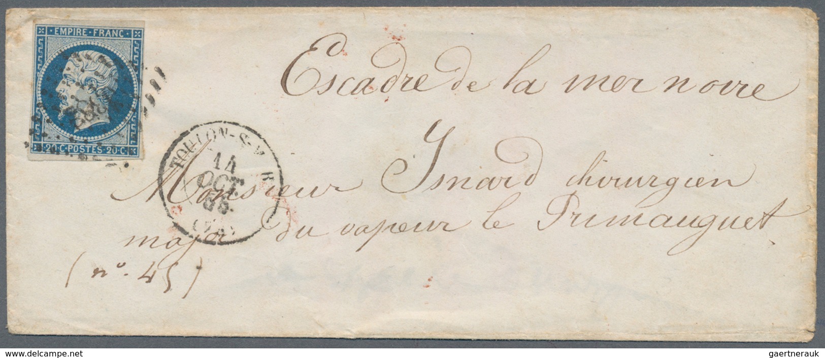 Frankreich: 1855, CRIMEAN WAR: Cover Franked With 20 C. Napoleon, Imperforated From "TOULON-S-MER 14 - Andere & Zonder Classificatie