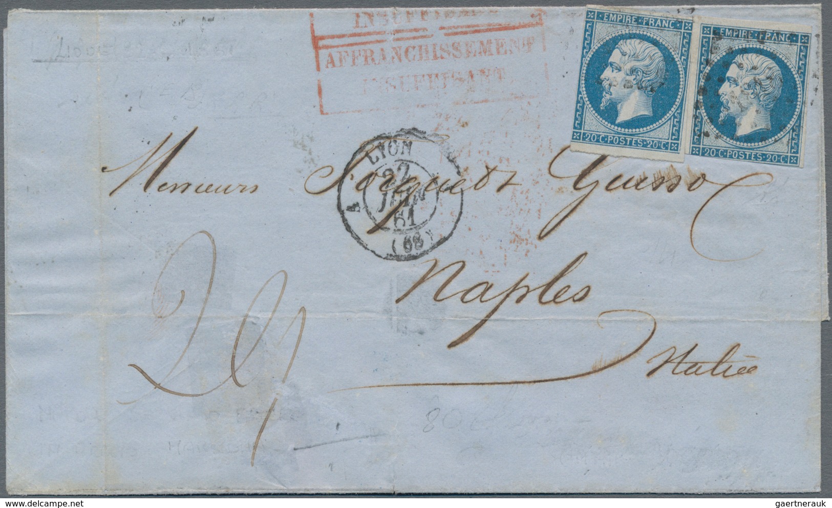 Frankreich: 1861 Folded Cover From Lyon To Naples, Italy Via Marseilles, Insufficiently Franked (spe - Other & Unclassified