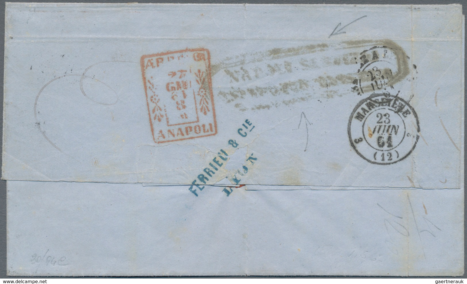 Frankreich: 1861 Folded Cover From Lyon To Naples, Italy Via Marseilles, Insufficiently Franked (spe - Other & Unclassified