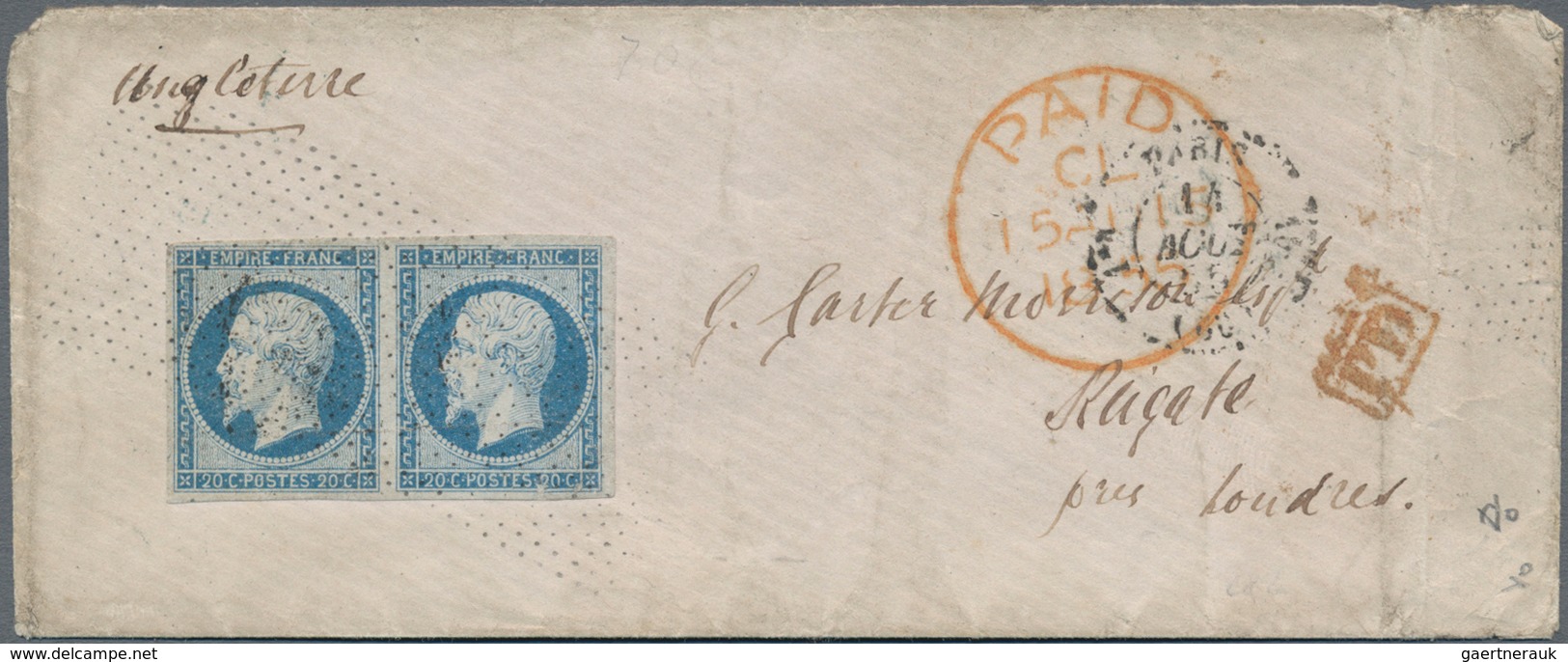 Frankreich: 1854 'Napoleon' 20c. Blue Horizontal Pair Used On Small Cover From Paris To Reigate, Eng - Andere & Zonder Classificatie