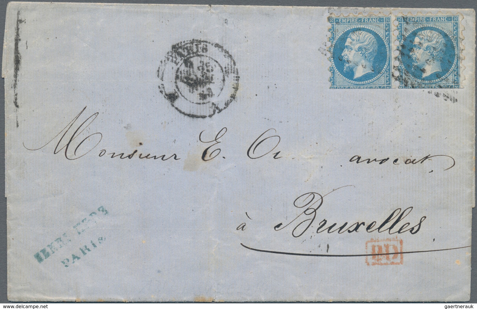 Frankreich: 1860 'Napoleon' 20c. Blue Horizontal Pair With PRIVATE PERFORATION 7¼x7 (Frères, Paris) - Other & Unclassified