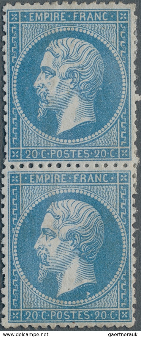 Frankreich: 1862, Napoleon 20c. Blue, Vertical Pair, Fresh Colour, Rough And Slightly Uneven Perfora - Other & Unclassified