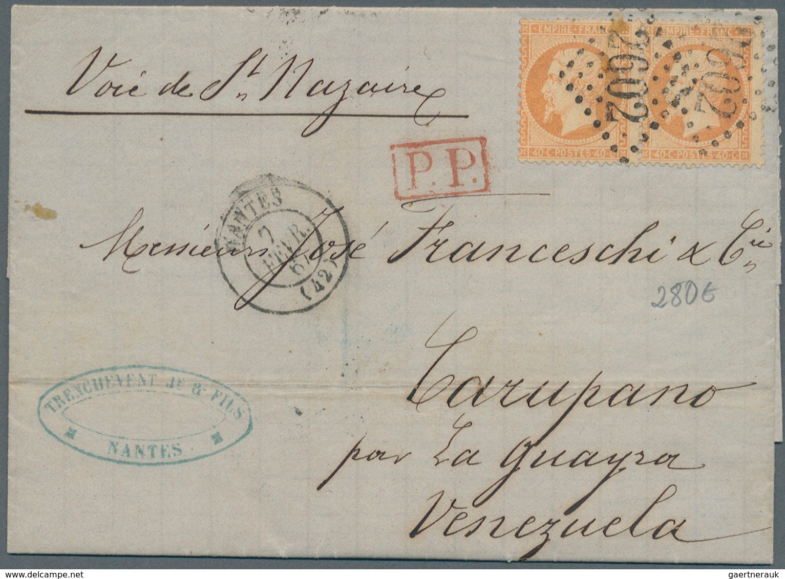 Frankreich: 1862, 40 C Orange Im Waager. Paar Sauber Entwertet "2602" Auf Kpl. Faltbrief Von Nantes - Other & Unclassified