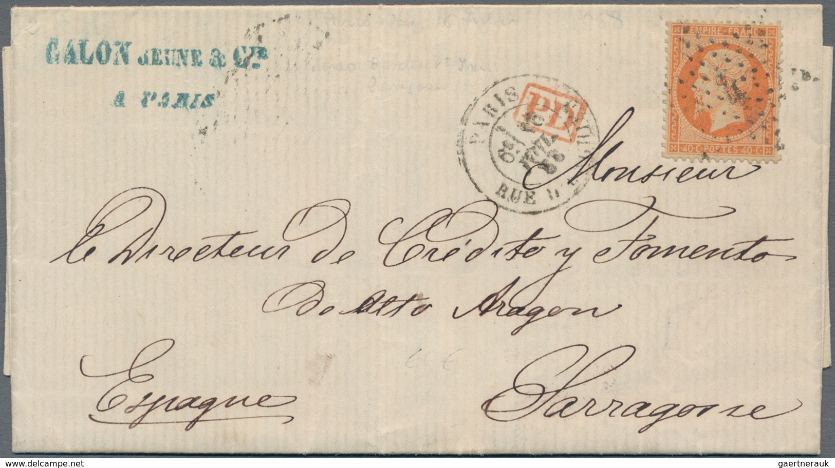 Frankreich: 1863 'Napoleon' 40c. Orange Used On Folded Letter From Paris To Sarragoza, Spain Tied By - Other & Unclassified