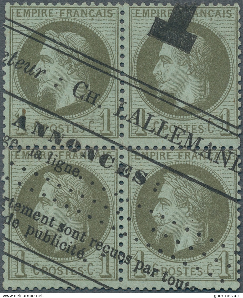 Frankreich: 1870, Napoleon Laure 1c. Olive On Bluish, Block Of Four With Newspaper Cancellation, Som - Other & Unclassified