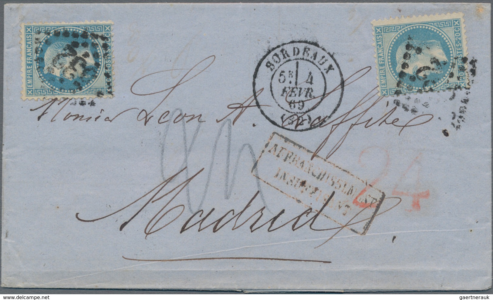 Frankreich: 1869, Folded Cover From Bordeaux To Madrid Insufficiently Franked By 20c. Blue Two Singl - Other & Unclassified