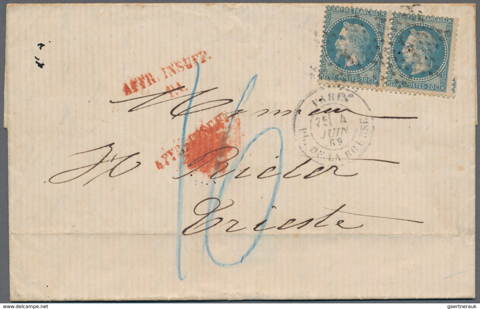 Frankreich: 1869, Laure 20c. Blue Horizontal Pair On Insufficiently Paid Lettersheet With Full Messa - Other & Unclassified