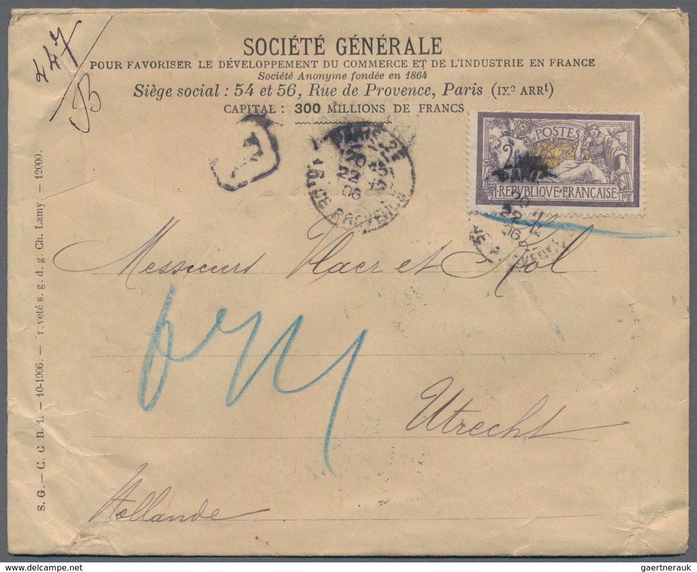 Frankreich: 1906, 2 Franc Allegory, Rare Single Franking Cancelled "PARIS RUE DE PROVENCE 22.12.06"s - Other & Unclassified