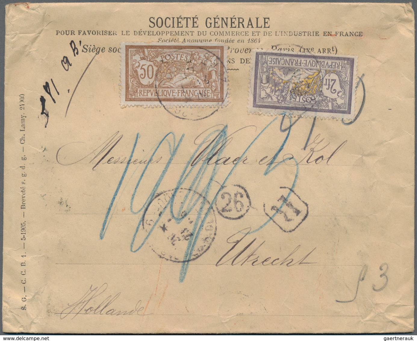 Frankreich: 1900 2fr. Yellow & Violet Along With 50c. Light Blue & Brown, Both With Perfin "S.G." Of - Other & Unclassified