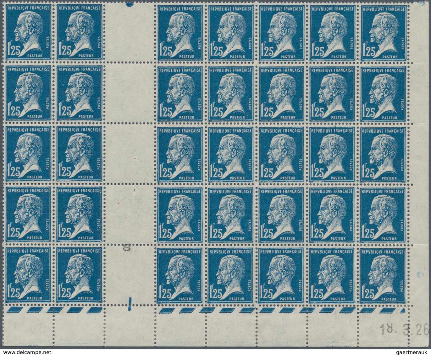 Frankreich: 1926, Pasteur 1.25fr. Blue Block Of 35 With Gutter And Printing Date ‚18.3.26‘, MNH (one - Other & Unclassified