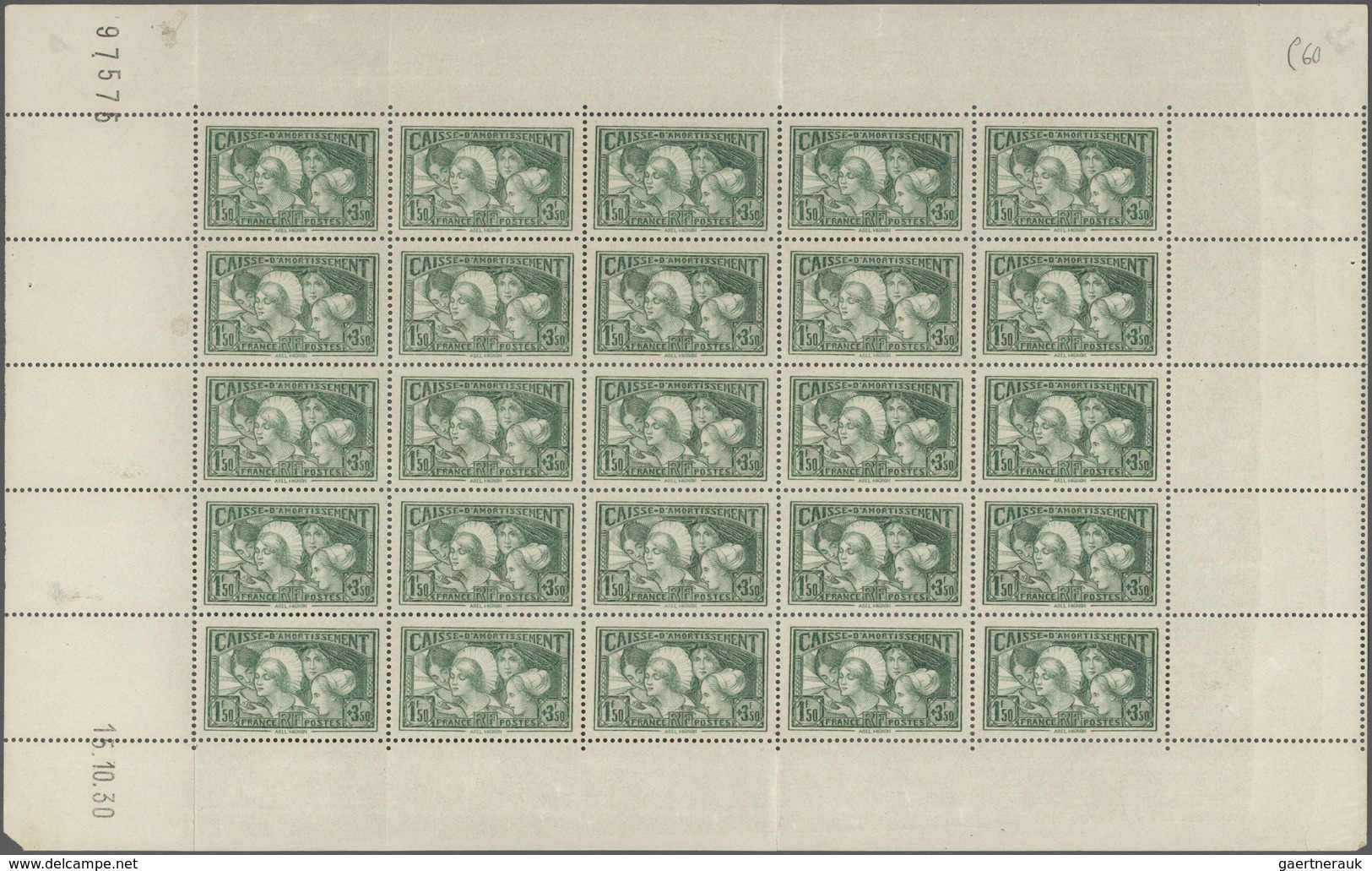 Frankreich: 1931, National Debt Fund, 1.50fr. Pale Bluish Green, Complete Sheet Of 25 Stamps (folded - Other & Unclassified