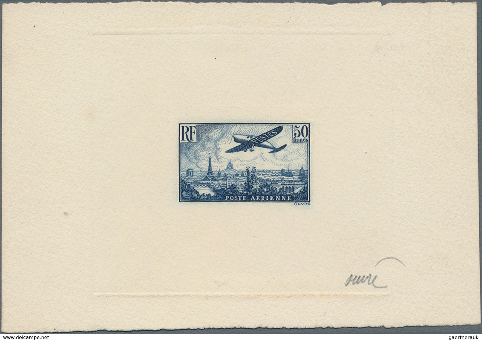 Frankreich: 1936 AIR 50fr. Single Die Proof In Blue On Sunken Card, Signed, Fresh, Fine And Rare. - Other & Unclassified