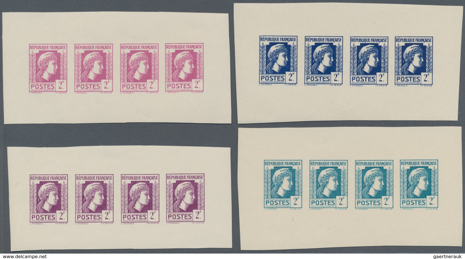 Frankreich: 1944, Definitives "Marianne", Not Issued, 2fr., Group Of Five Imperforate Panes Of Four - Autres & Non Classés