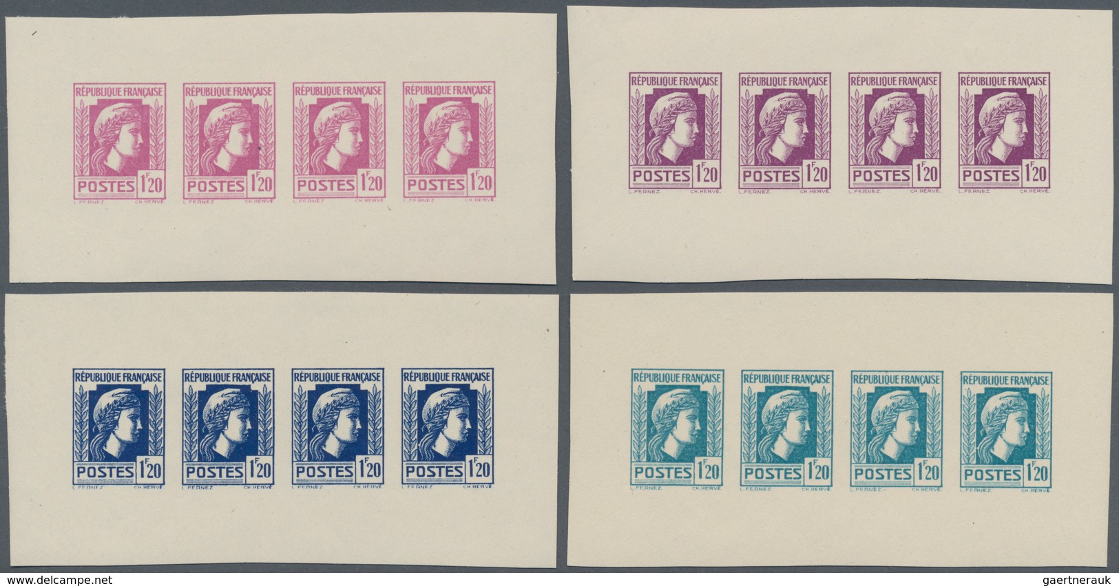 Frankreich: 1944, Definitives "Marianne", Not Issued, 1.20fr., Group Of Five Imperforate Panes Of Fo - Autres & Non Classés