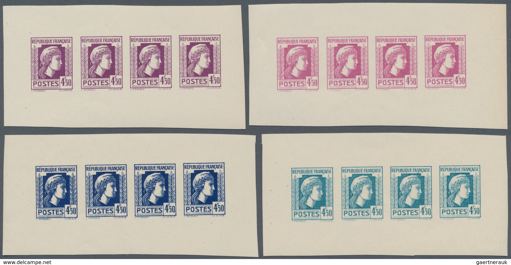 Frankreich: 1944, Definitives "Marianne", Not Issued, 4.50fr., Group Of Four Imperforate Panes Of Fo - Other & Unclassified