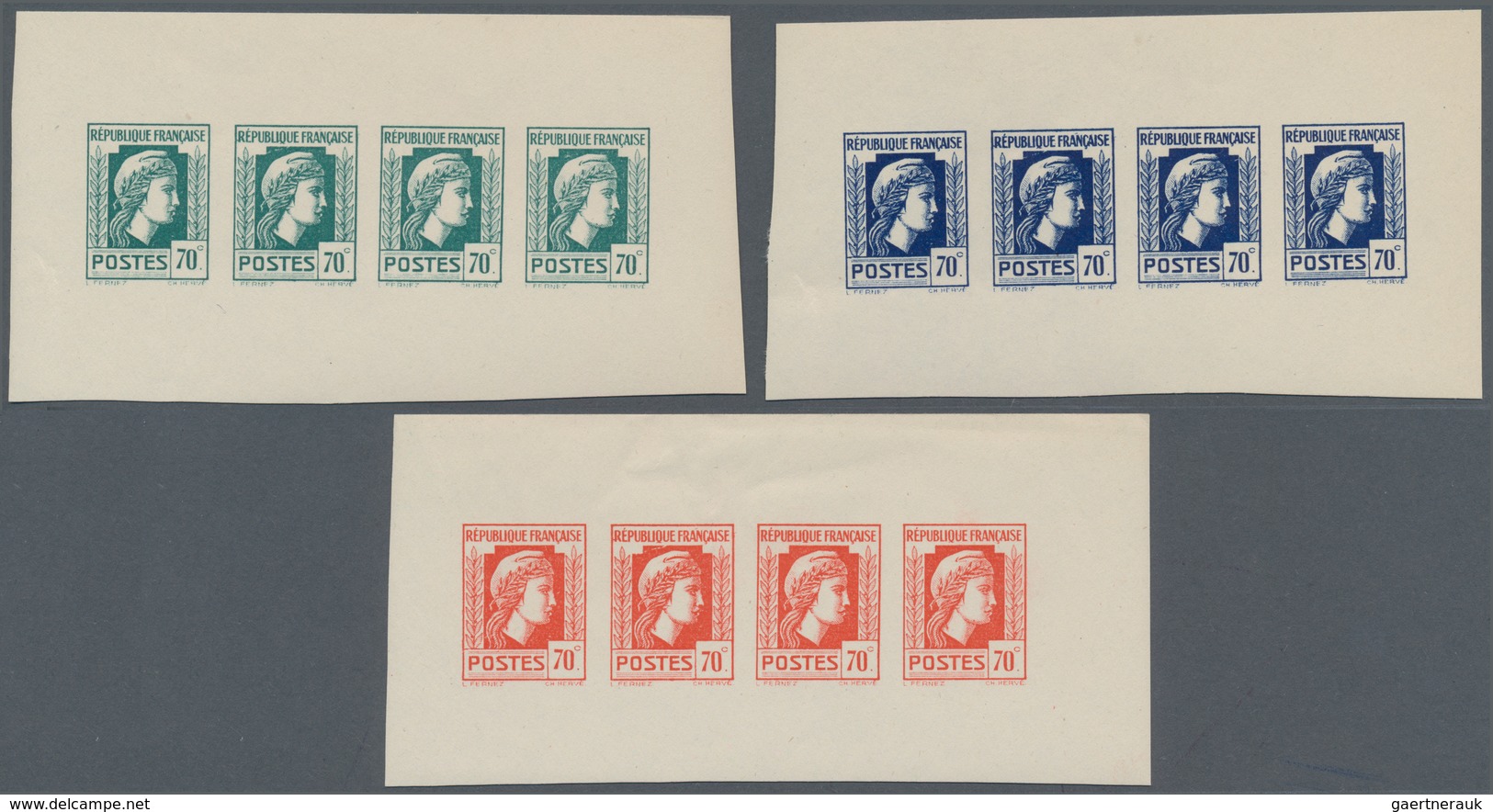 Frankreich: 1944, Definitives "Marianne", Not Issued, 70c., Group Of Three Imperforate Panes Of Four - Autres & Non Classés