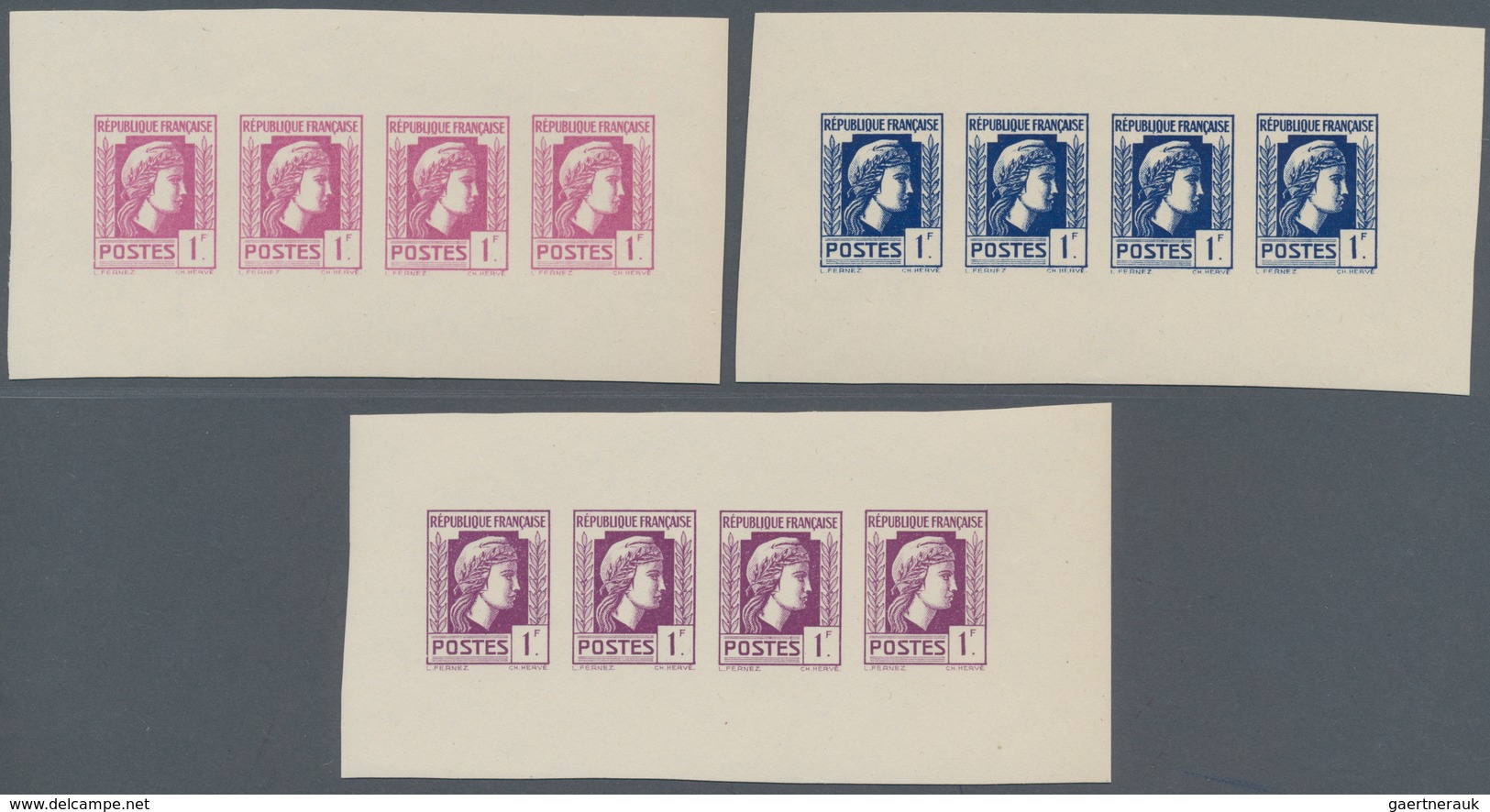 Frankreich: 1944, Definitives "Marianne", Not Issued, 1fr., Group Of Three Imperforate Panes Of Four - Autres & Non Classés