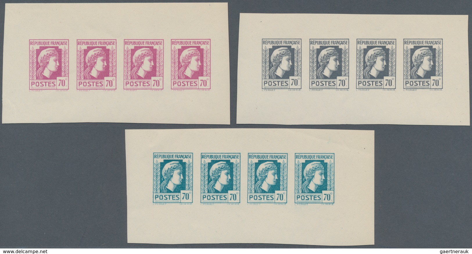 Frankreich: 1944, Definitives "Marianne", Not Issued, 70c., Group Of Three Imperforate Panes Of Four - Other & Unclassified