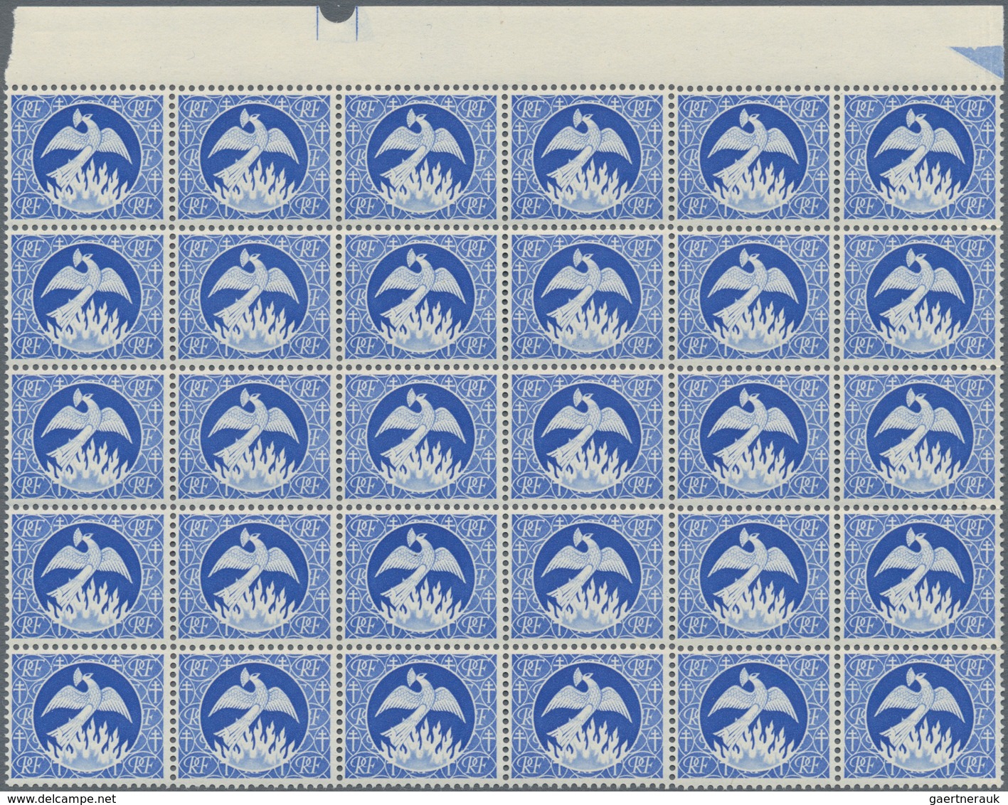 Frankreich: 1945, "Phoenix", Saving/Credit Stamps In Blue Without Value, Top Marginal Block Of 30, M - Other & Unclassified