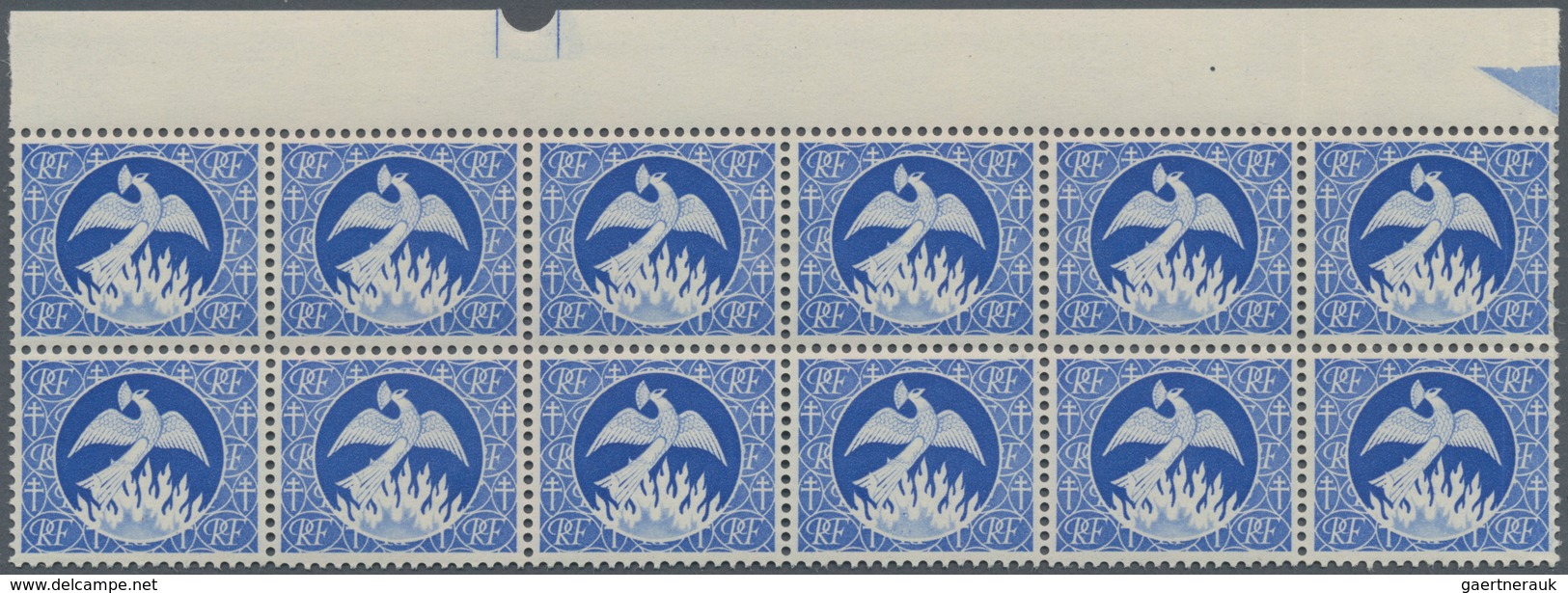 Frankreich: 1945, "Phoenix", Saving/Credit Stamps In Blue Without Value, Top Marginal Block Of 12, M - Autres & Non Classés