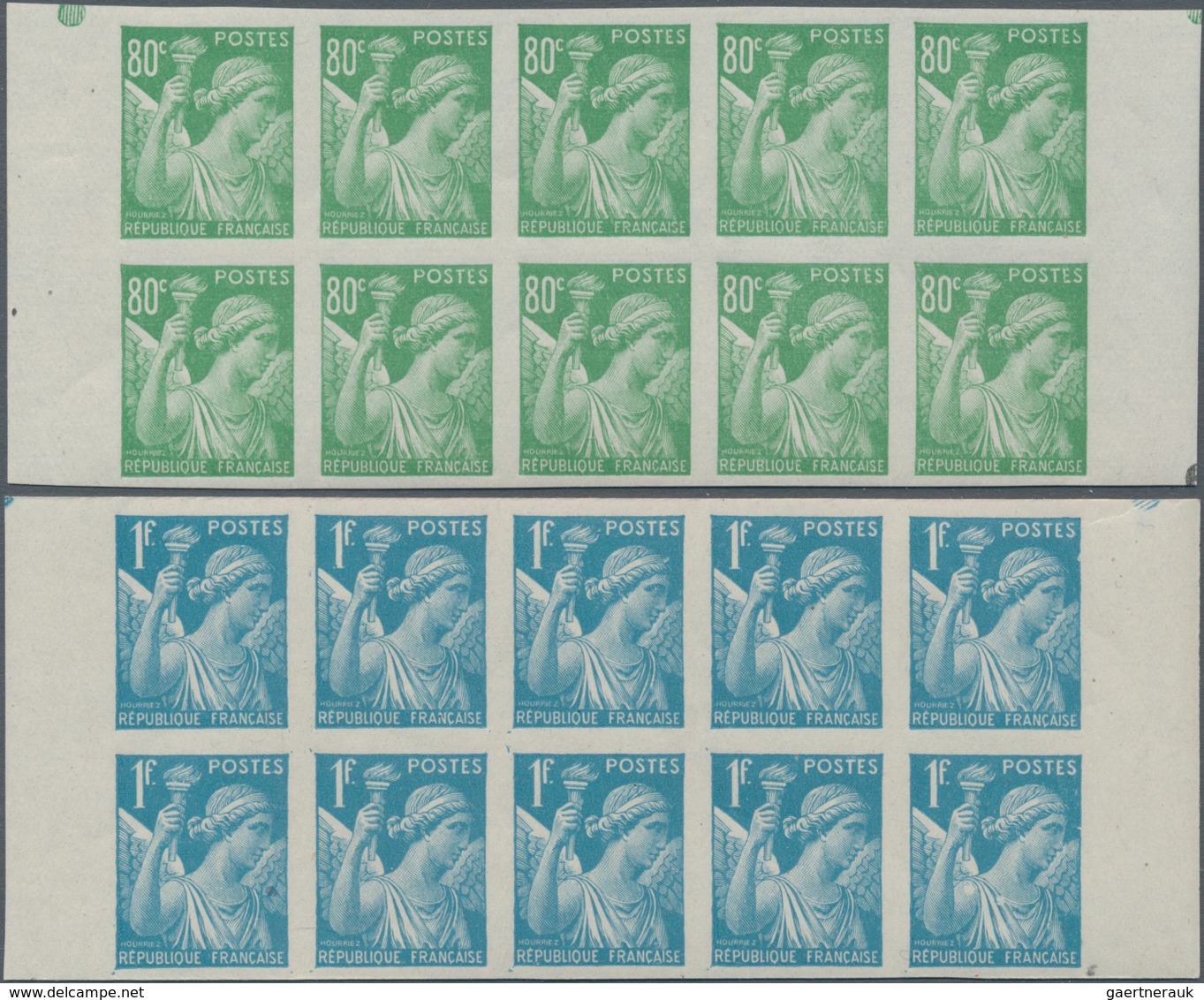 Frankreich: 1944, Definitives "Iris", 80c.-4fr., complete set of ten values in imperforate marginal