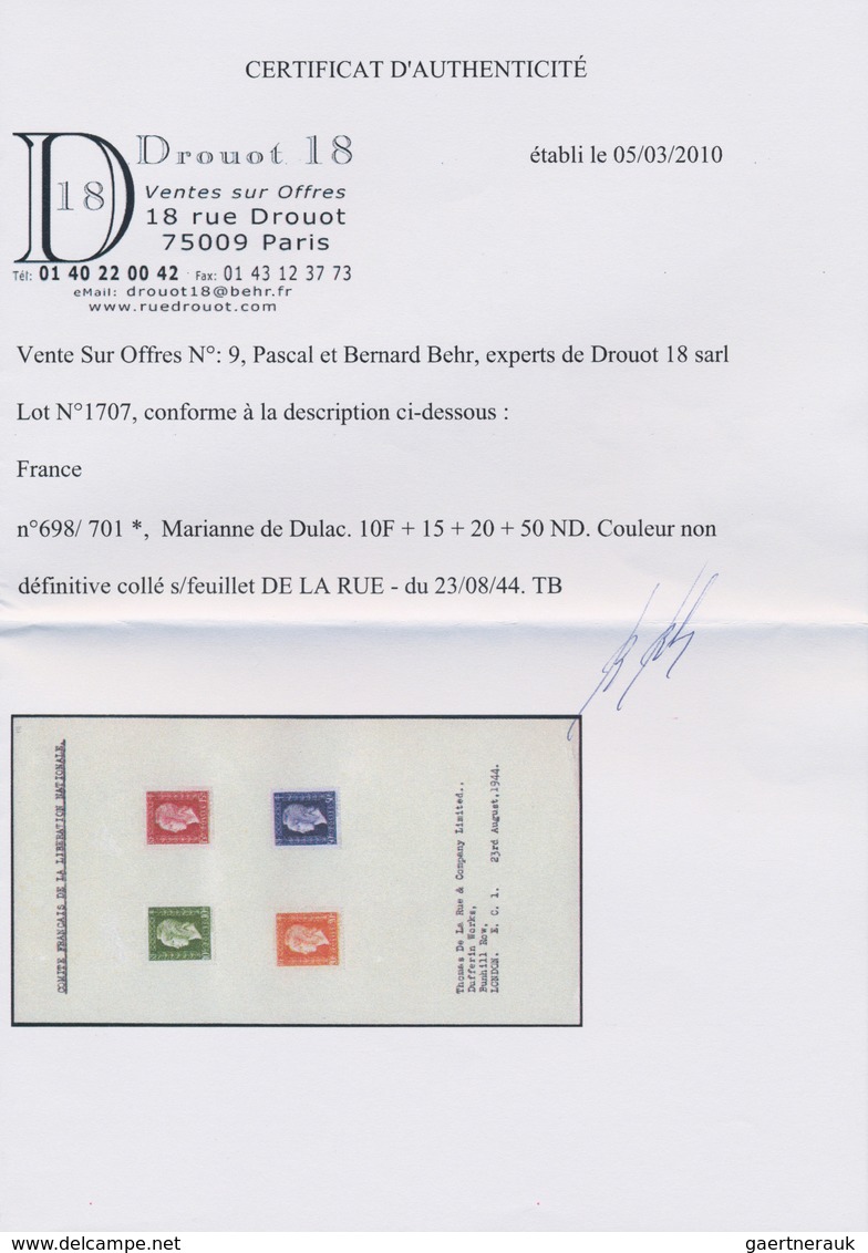 Frankreich: 1945. Marianne De Dulac. "De La Rue" Presentation Card (dated 23.8.44) Bearing The 4 Imp - Other & Unclassified