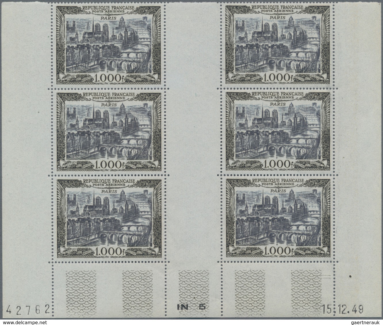 Frankreich: 1949/1950, Airmails 1000fr., Bottom Marginal Gutter Block Of Six With Coins Date "15.12. - Autres & Non Classés