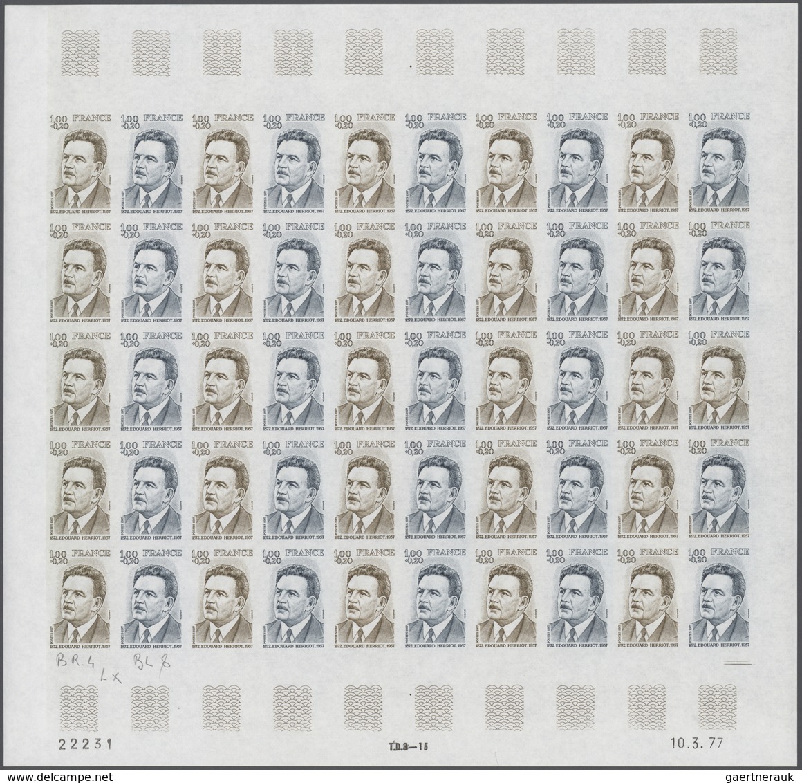 Frankreich: 1977, France. Set Of 3 Different Color Proof Sheets Of 50 For The Stamp "20th Death Anni - Other & Unclassified