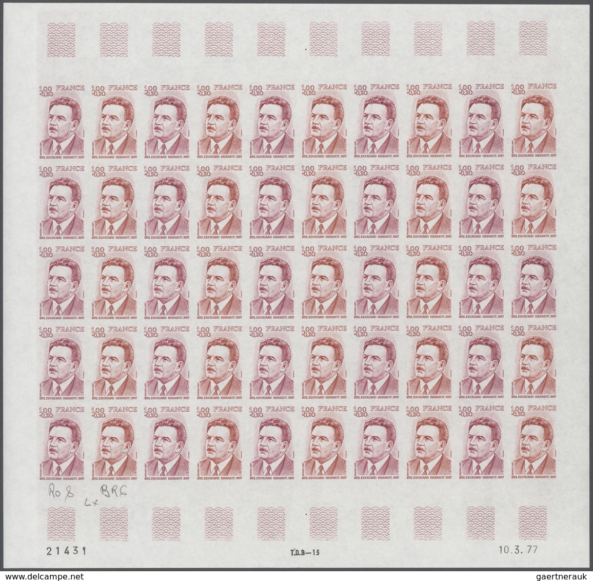 Frankreich: 1977, France. Set Of 3 Different Color Proof Sheets Of 50 For The Stamp "20th Death Anni - Other & Unclassified