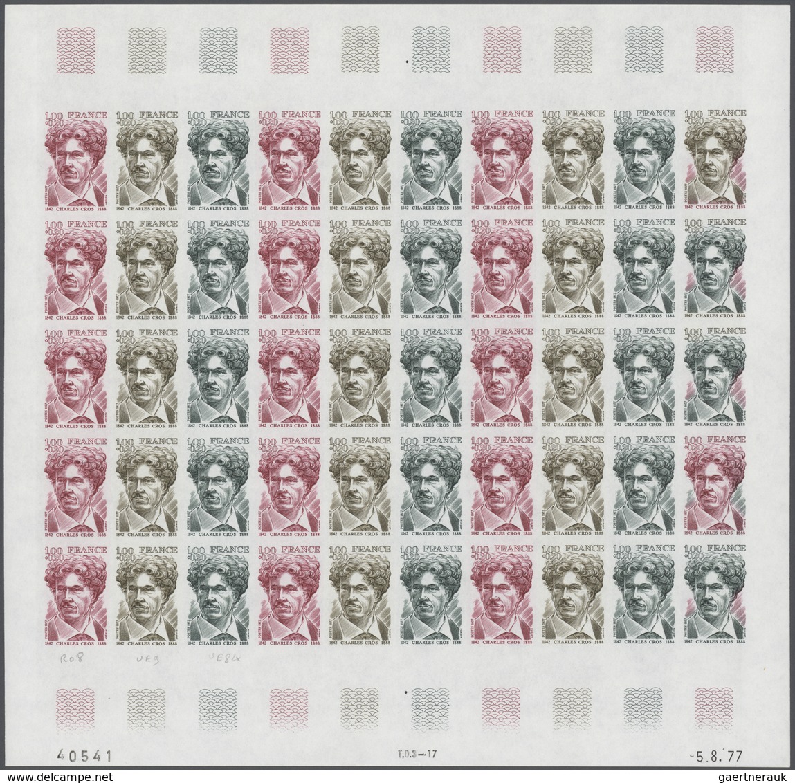 Frankreich: 1977, France. Set Of 3 Different Color Proof Sheets Of 50 For The Stamp "135th Birth Ann - Other & Unclassified