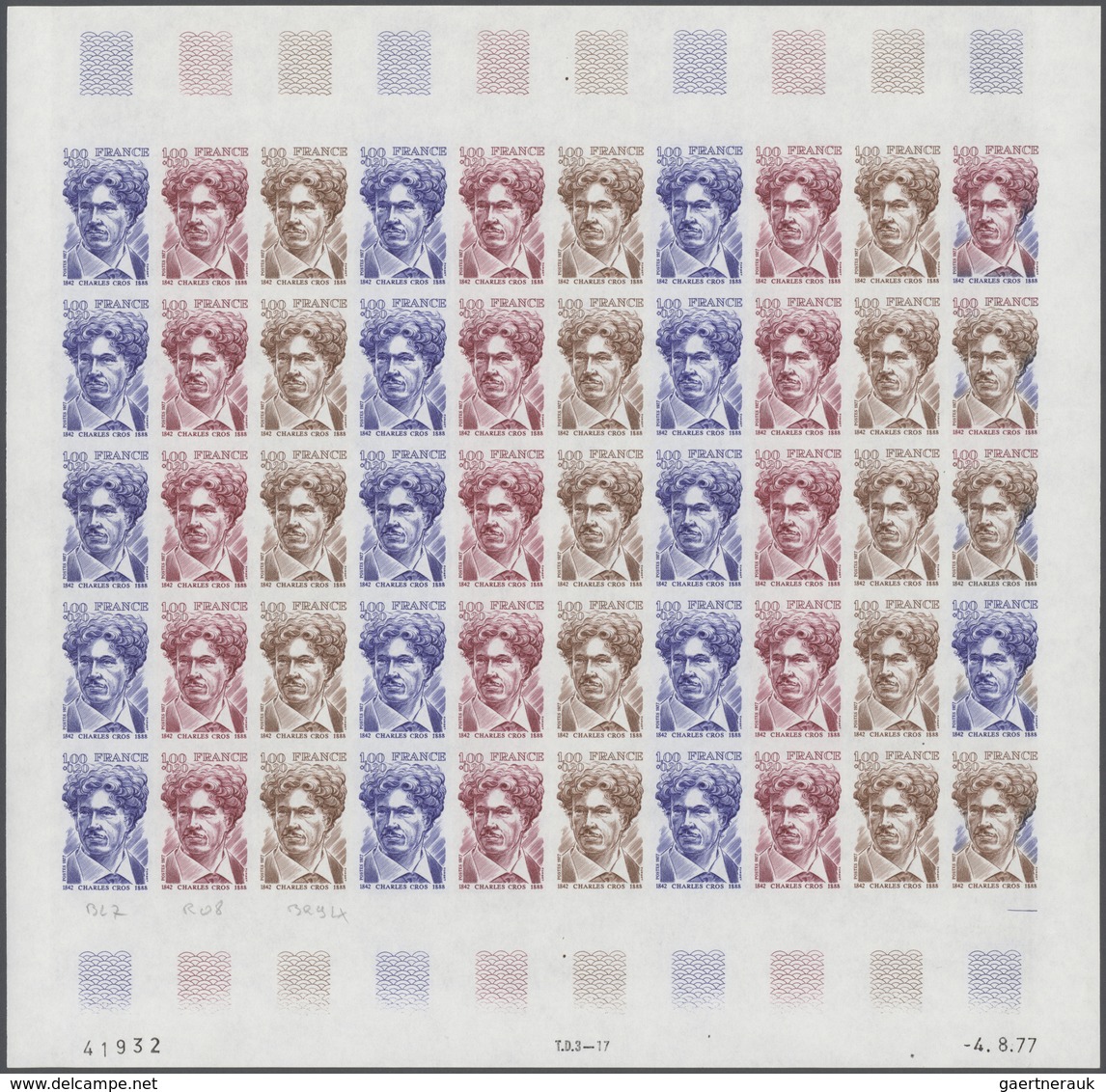 Frankreich: 1977, France. Set Of 3 Different Color Proof Sheets Of 50 For The Stamp "135th Birth Ann - Other & Unclassified