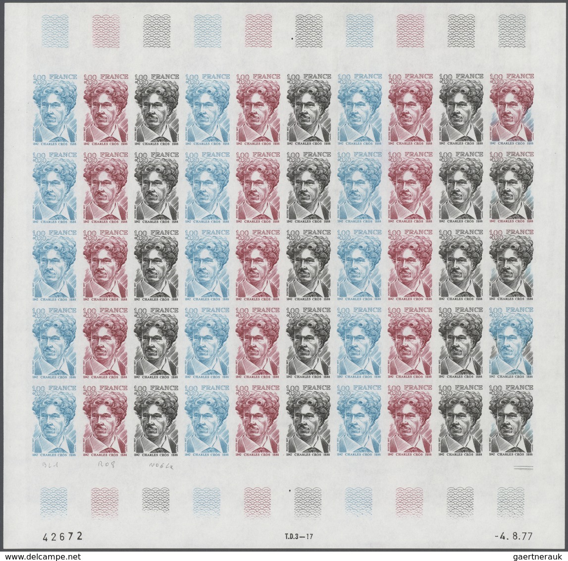 Frankreich: 1977, France. Set Of 3 Different Color Proof Sheets Of 50 For The Stamp "135th Birth Ann - Other & Unclassified