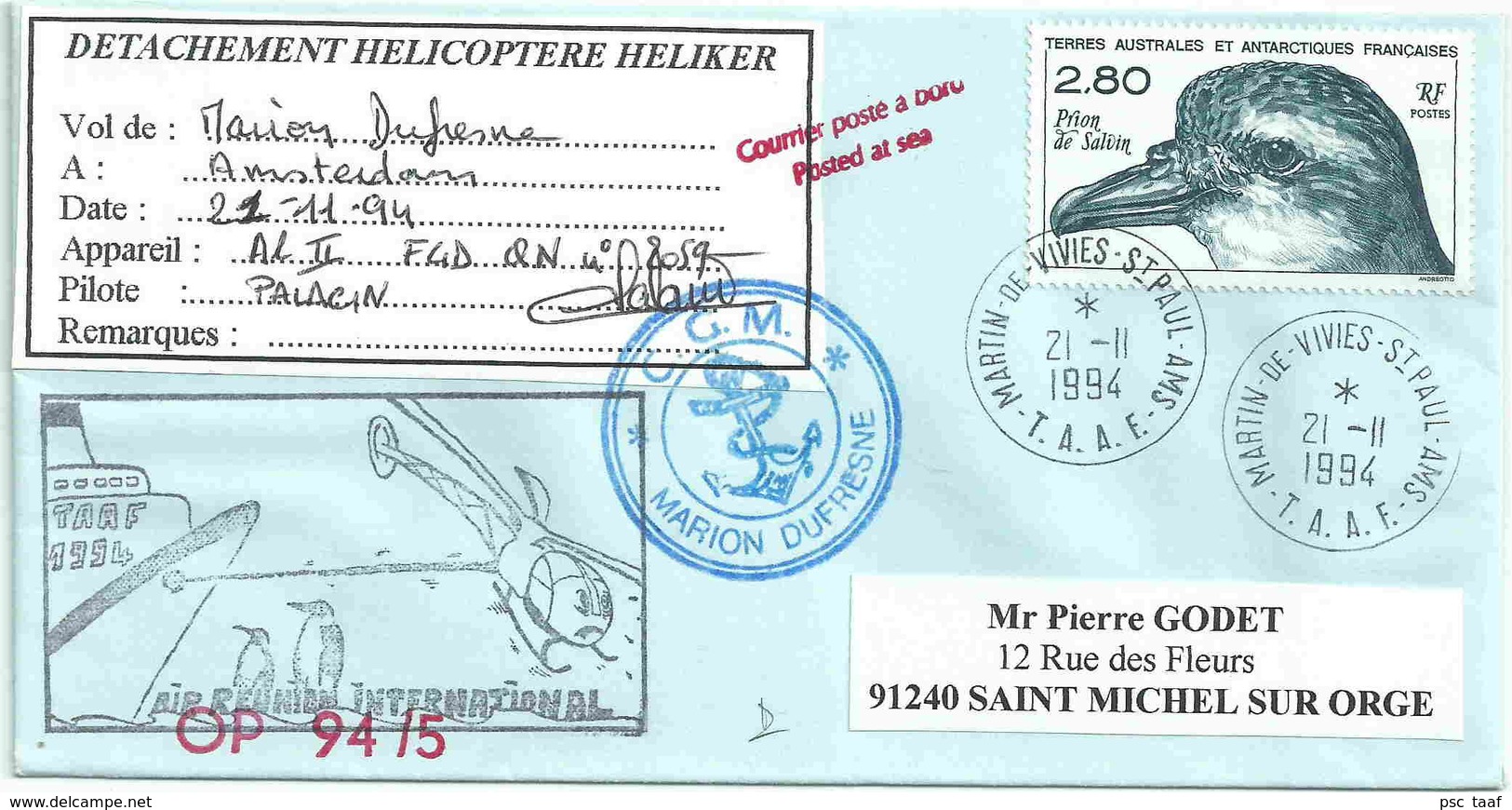 YT 189 Prion De Salvin - Transport Par Helicoptère - Air Réunion - Martin De Viviès - Saint Paul Amsterdam - 21/11/1994 - Lettres & Documents