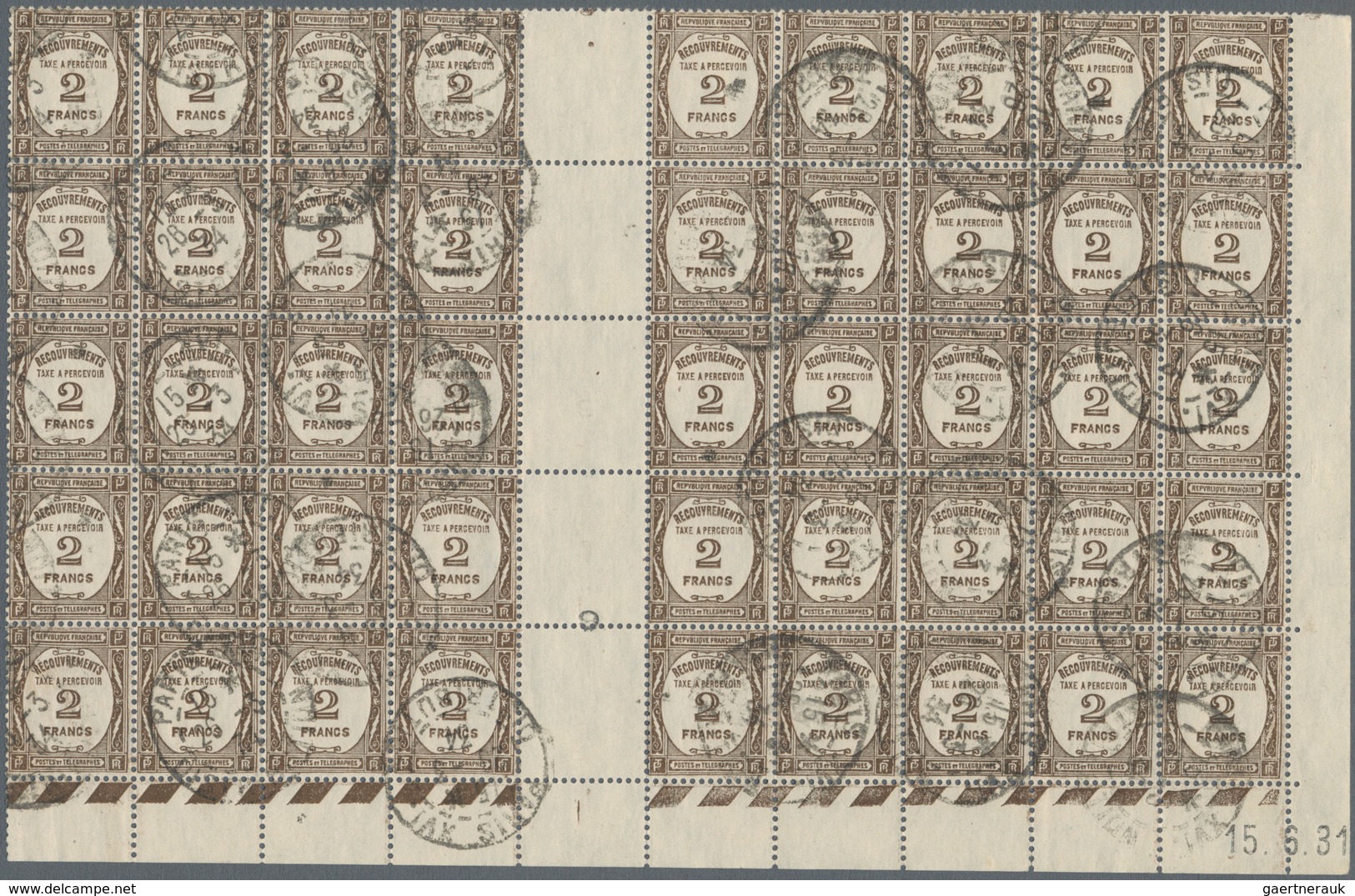 Frankreich - Portomarken: 1931, 2fr. Sepia, Gutter Block Of 45 From The Lower Right Corner Of The Sh - 1960-.... Afgestempeld