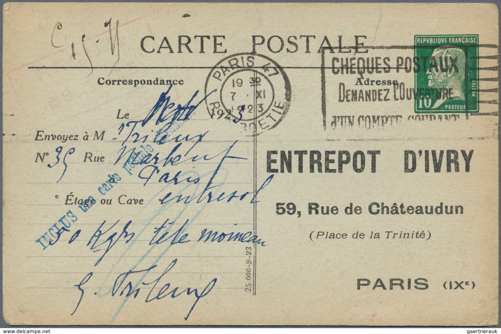 Frankreich - Ganzsachen: 1923, 10 C Green Pasteur, Private Picture Psc With Preprinted Address "Entr - Other & Unclassified